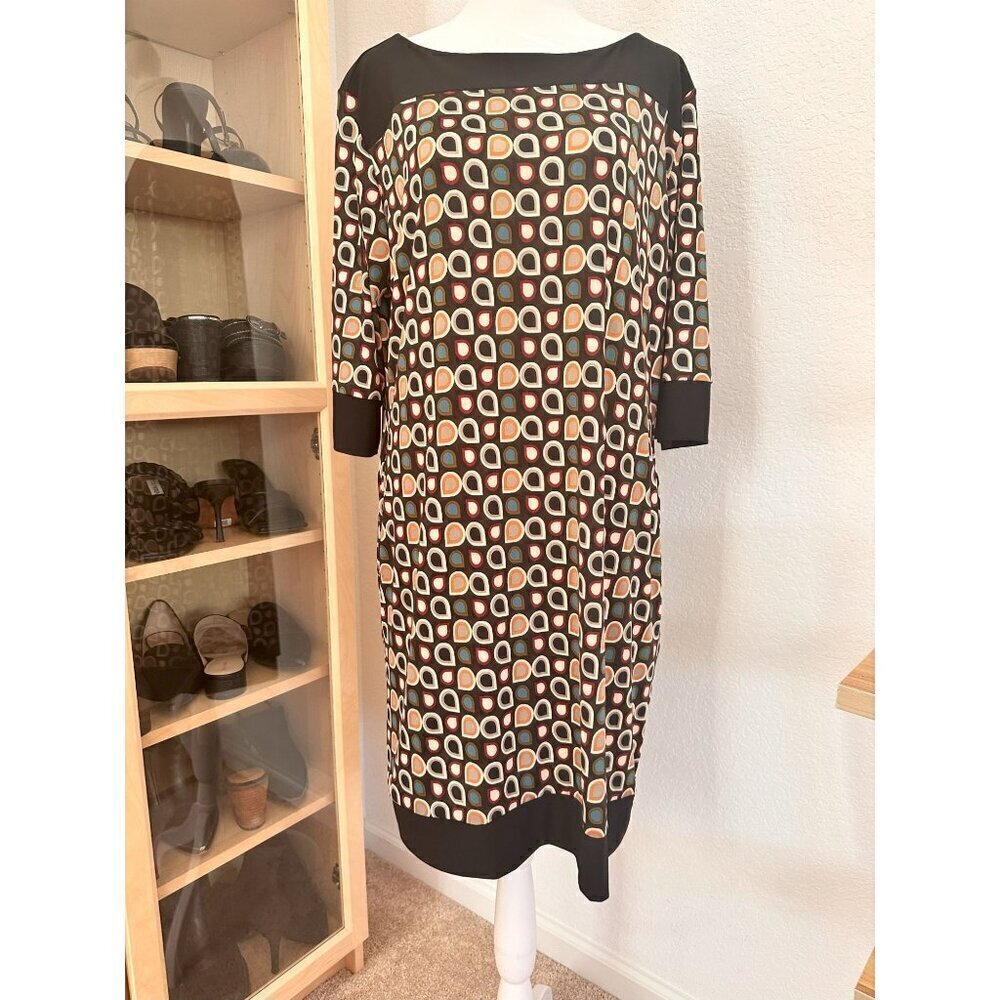 Audrey Whitmore Sheath Midi Dress L/XL 3/4 Sleeves Multicolor Geo Retro Work NWT